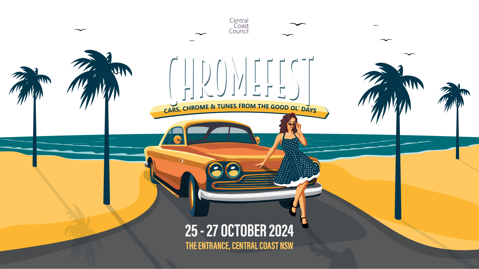 Banner image with ChromeFest Logo, cartoon style sunset over the water, with a blue car that a lady is leaning on.