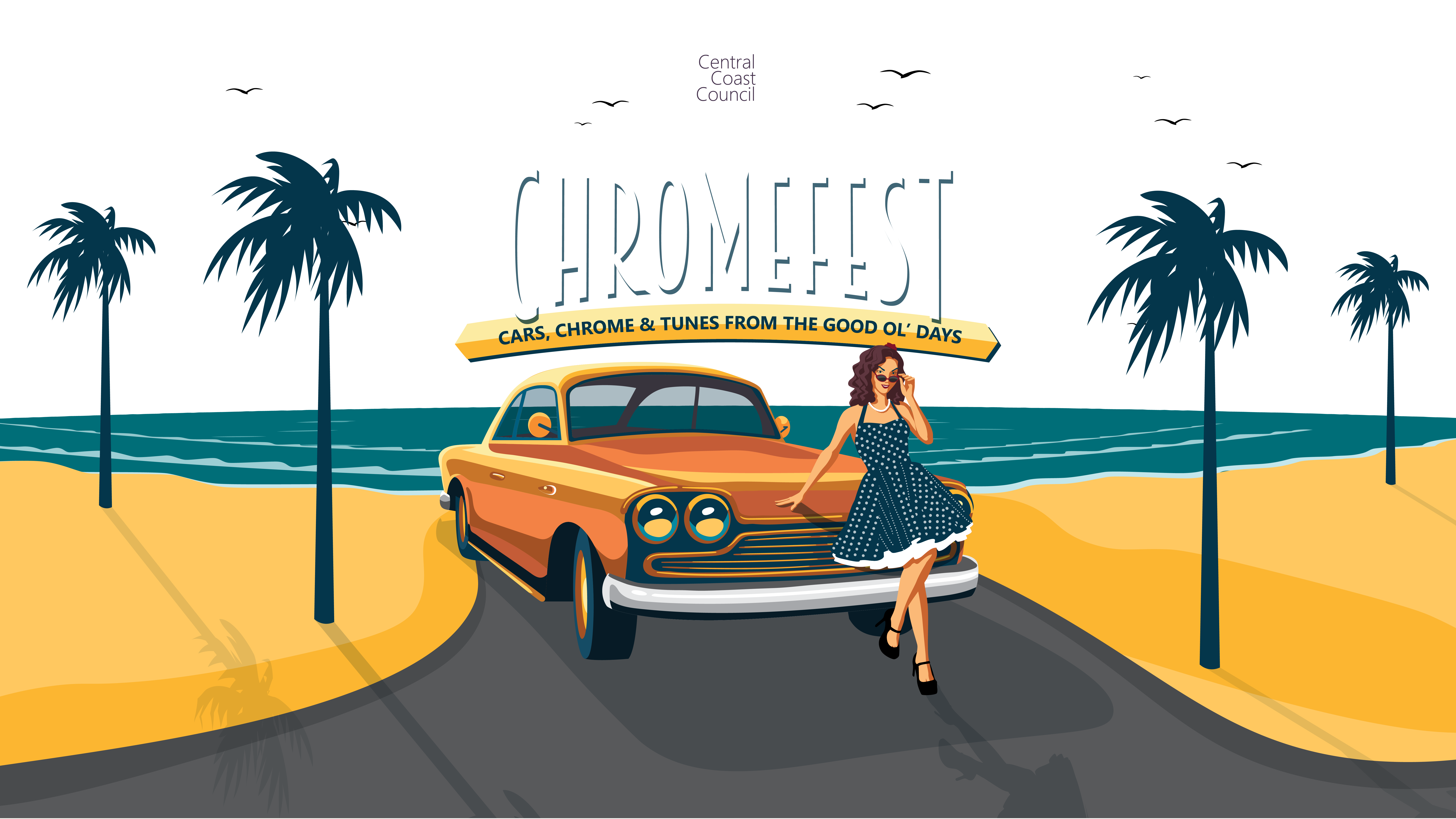 Banner image with ChromeFest Logo, cartoon style sunset over the water, with a blue car that a lady is leaning on.