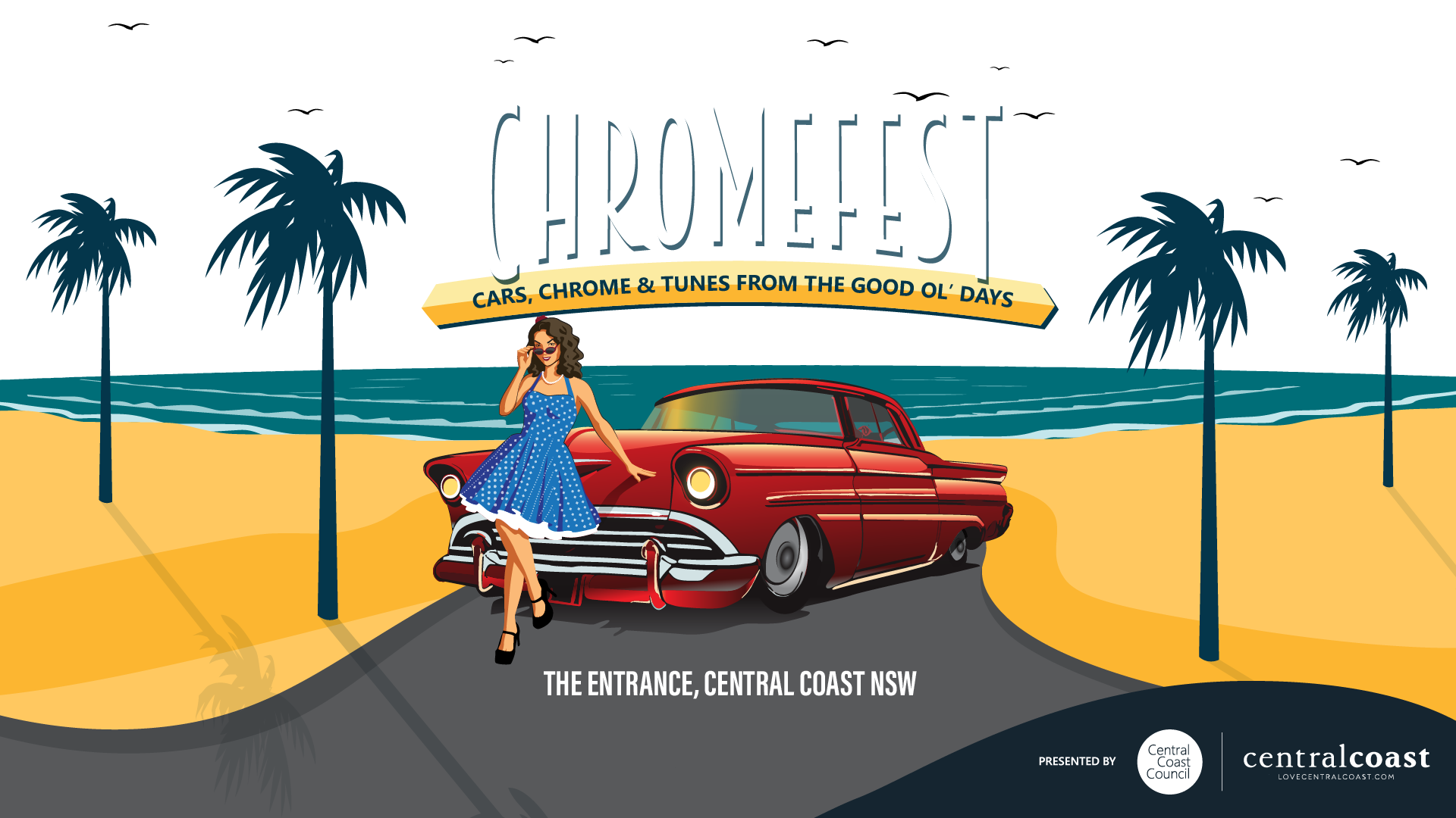 Hero landing page banner_1920x1080-01-01 Banner image with ChromeFest Logo, cartoon style sunset over the water, with a blue car that a lady is leaning on.