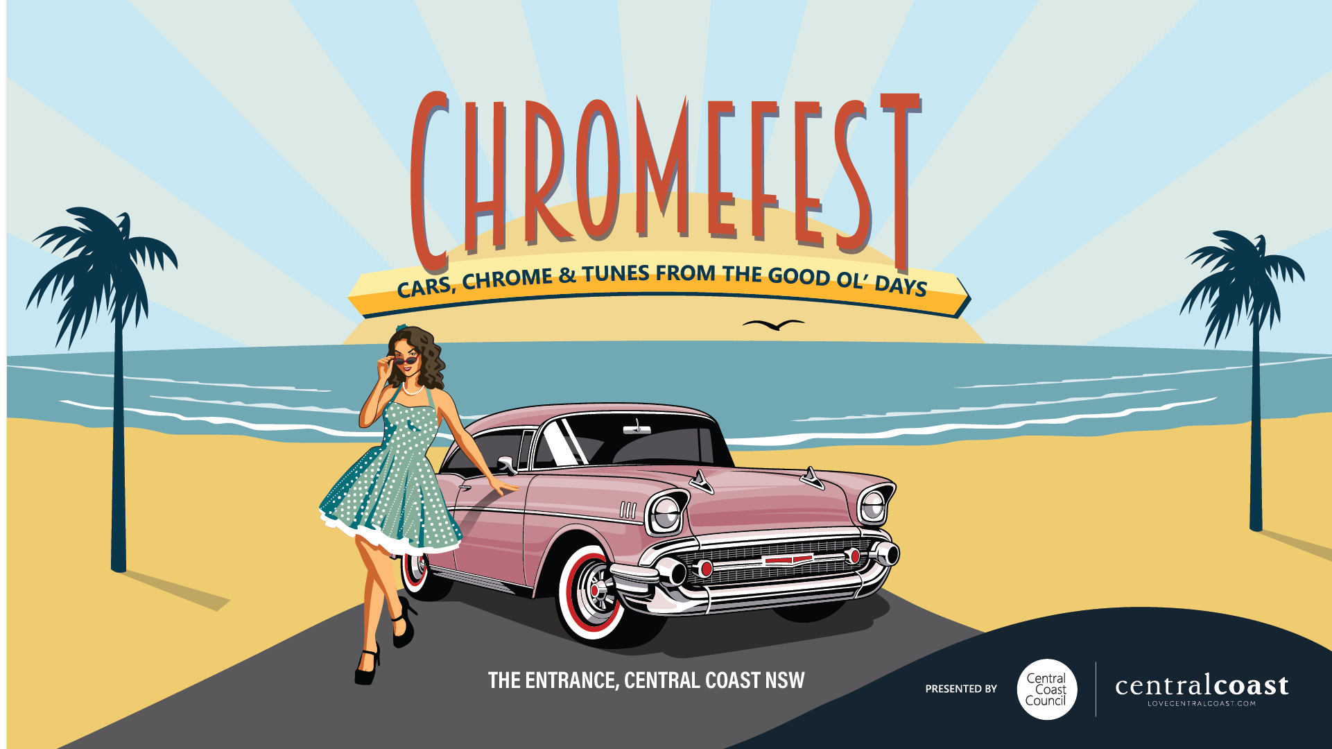 Banner image with ChromeFest Logo, cartoon style sunset over the water, with a blue car that a lady is leaning on.